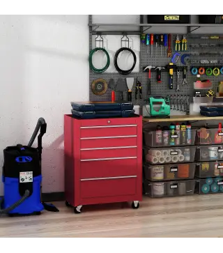 Carro de Herramientas para Taller con Ruedas 5 Cajones Armario con Cierre y Asa Lateral 61,5x33x82,5 cm Rojo