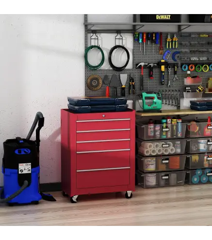 Carro de Herramientas para Taller con Ruedas 5 Cajones Armario con Cierre y Asa Lateral 61,5x33x82,5 cm Rojo