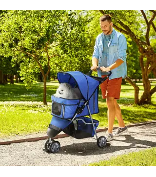 Carrito para Perros Pequeños con Cesta de Almacenaje Ventanas de Malla y 2 Ruedas Universales 75x45x97 cm Azul