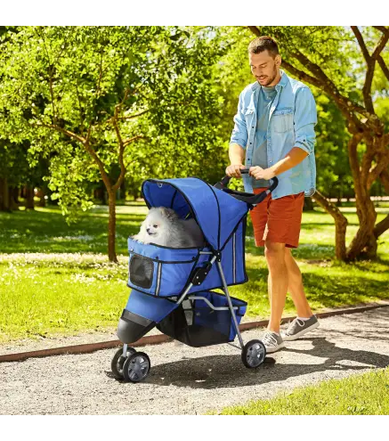 Carrito para Perros Pequeños con Cesta de Almacenaje Ventanas de Malla y 2 Ruedas Universales 75x45x97 cm Azul