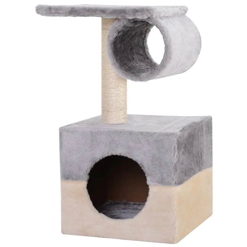 Rascador Árbol para Gatos 31x31x58 cm con Poste Central Casa Cama de Felpa Suave para Arañar Dormir y Jugar Gris y Beige