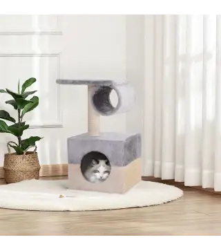 Rascador Árbol para Gatos 31x31x58 cm con Poste Central Casa Cama de Felpa Suave para Arañar Dormir y Jugar Gris y Beige