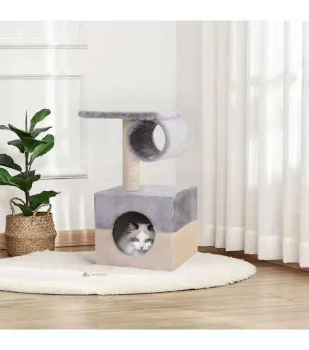 Rascador Árbol para Gatos 31x31x58 cm con Poste Central Casa Cama de Felpa Suave para Arañar Dormir y Jugar Gris y Beige
