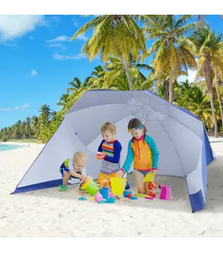 Parasol para Playa 2 en 1 con 2 Paneles Laterales Toldo Portátil Anti-UV con Bolsa de Transporte Ø210x222cm Azul