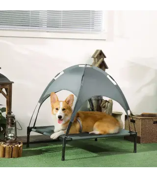 Cama Elevada para Mascotas Portátil con Toldo Extraíble Tela Transpirable al Aire Libre para Interior y Exterior 76x61x73 cm Gri