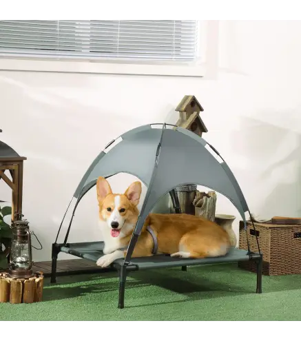 Cama Elevada para Mascotas Portátil con Toldo Extraíble Tela Transpirable al Aire Libre para Interior y Exterior 76x61x73 cm Gri