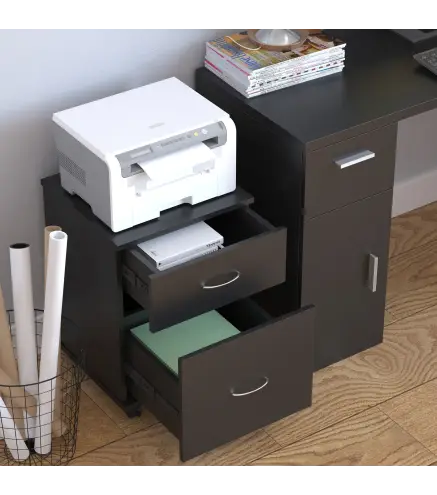 Cajonera de Oficina y Hogar tipo Archivador de Madera Móvil con Ruedas y 2 Cajones 41x39x58cm Negro