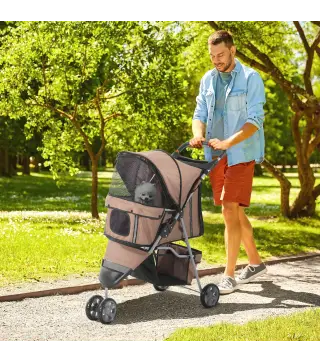 Carrito para Perros Pequeños con Cesta de Almacenaje Ventanas de Malla y 2 Ruedas Universales 75x45x97 cm Café