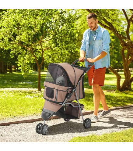 Carrito para Perros Pequeños con Cesta de Almacenaje Ventanas de Malla y 2 Ruedas Universales 75x45x97 cm Café