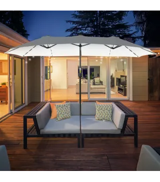 Sombrilla Doble con 48 Luces LED 4,5x2,65 m Manivela Protección Solar para Terraza Jardín Piscina Crema