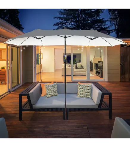 Sombrilla Doble con 48 Luces LED 4,5x2,65 m Manivela Protección Solar para Terraza Jardín Piscina Crema