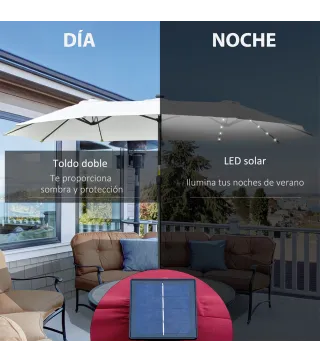 Sombrilla Doble con 48 Luces LED 4,5x2,65 m Manivela Protección Solar para Terraza Jardín Piscina Crema
