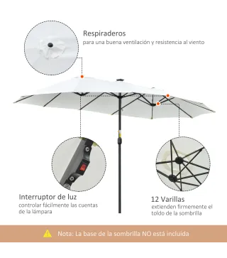 Sombrilla Doble con 48 Luces LED 4,5x2,65 m Manivela Protección Solar para Terraza Jardín Piscina Crema