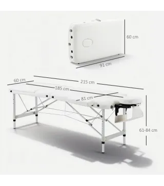 Camilla Masaje Plegable de Aluminio con Altura Ajustable 3 Zonas Reposacabezas Reposabrazos Blanco