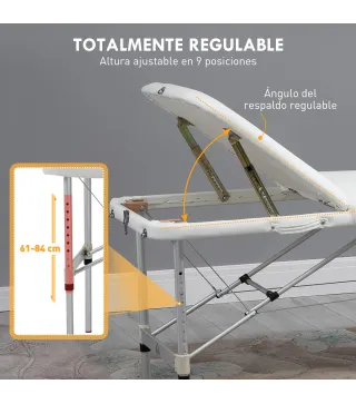 Camilla Masaje Plegable de Aluminio con Altura Ajustable 3 Zonas Reposacabezas Reposabrazos Blanco