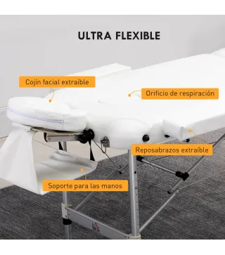 Camilla Masaje Plegable de Aluminio con Altura Ajustable 3 Zonas Reposacabezas Reposabrazos Blanco