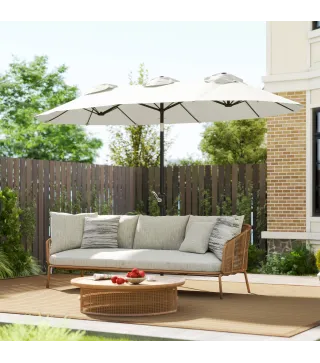 Sombrilla Doble de Jardín 295x152x222 cm con Inclinación de 45° y Manivela Manual para Terraza Balcón Piscina Crema