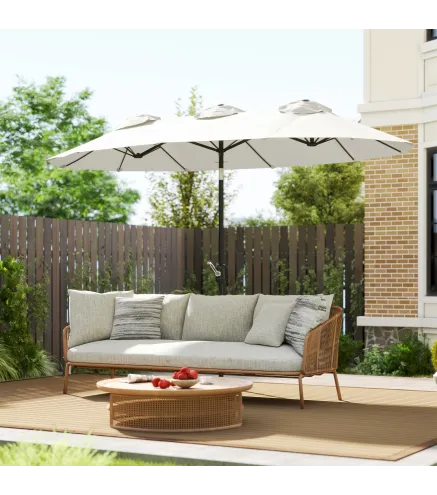 Sombrilla Doble de Jardín 295x152x222 cm con Inclinación de 45° y Manivela Manual para Terraza Balcón Piscina Crema