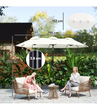 Sombrilla Doble de Jardín 295x152x222 cm con Inclinación de 45° y Manivela Manual para Terraza Balcón Piscina Crema