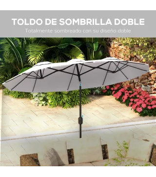 Sombrilla Doble de Jardín 295x152x222 cm con Inclinación de 45° y Manivela Manual para Terraza Balcón Piscina Crema