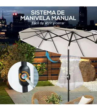 Sombrilla Doble de Jardín 295x152x222 cm con Inclinación de 45° y Manivela Manual para Terraza Balcón Piscina Crema