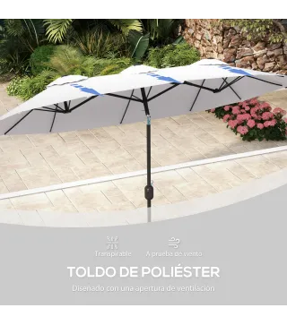 Sombrilla Doble de Jardín 295x152x222 cm con Inclinación de 45° y Manivela Manual para Terraza Balcón Piscina Crema