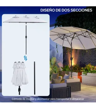 Sombrilla Doble de Jardín 295x152x222 cm con Inclinación de 45° y Manivela Manual para Terraza Balcón Piscina Crema