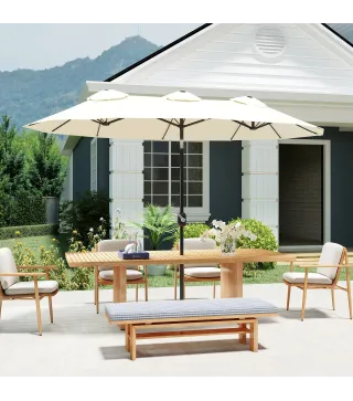 Sombrilla Doble de Jardín 295x152x222 cm con Inclinación de 45° y Manivela Manual para Terraza Balcón Piscina Crema