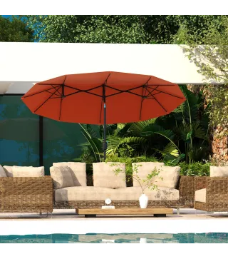 Sombrilla Doble de Jardín 295x152x222 cm con Inclinación de 45° y Manivela Manual para Terraza Balcón Piscina Rojo