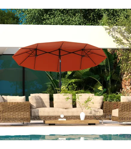 Sombrilla Doble de Jardín 295x152x222 cm con Inclinación de 45° y Manivela Manual para Terraza Balcón Piscina Rojo