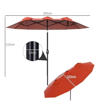 Sombrilla Doble de Jardín 295x152x222 cm con Inclinación de 45° y Manivela Manual para Terraza Balcón Piscina Rojo