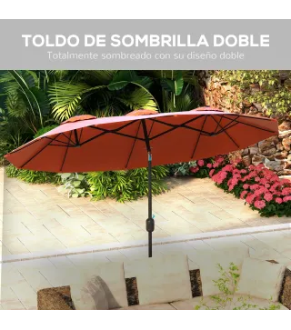Sombrilla Doble de Jardín 295x152x222 cm con Inclinación de 45° y Manivela Manual para Terraza Balcón Piscina Rojo