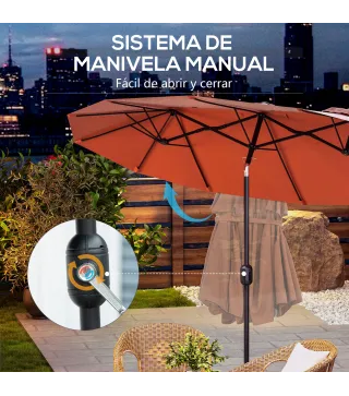 Sombrilla Doble de Jardín 295x152x222 cm con Inclinación de 45° y Manivela Manual para Terraza Balcón Piscina Rojo
