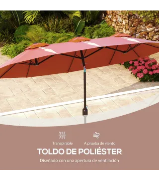Sombrilla Doble de Jardín 295x152x222 cm con Inclinación de 45° y Manivela Manual para Terraza Balcón Piscina Rojo