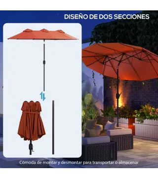 Sombrilla Doble de Jardín 295x152x222 cm con Inclinación de 45° y Manivela Manual para Terraza Balcón Piscina Rojo