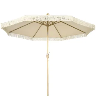 Sombrilla de Jardín Ø265x244 cm con Manivela Manual Ángulo Ajustable y Flecos de Estilo Boho para Terraza Piscina Crema