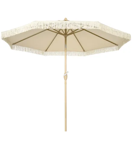 Sombrilla de Jardín Ø265x244 cm con Manivela Manual Ángulo Ajustable y Flecos de Estilo Boho para Terraza Piscina Crema