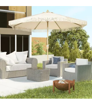 Sombrilla de Jardín Ø265x244 cm con Manivela Manual Ángulo Ajustable y Flecos de Estilo Boho para Terraza Piscina Crema