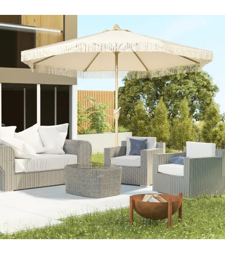 Sombrilla de Jardín Ø265x244 cm con Manivela Manual Ángulo Ajustable y Flecos de Estilo Boho para Terraza Piscina Crema