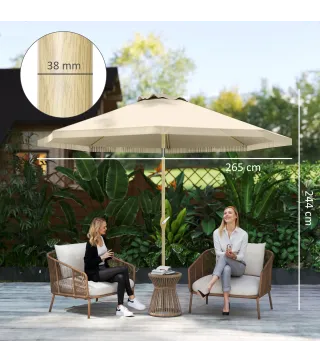Sombrilla de Jardín Ø265x244 cm con Manivela Manual Ángulo Ajustable y Flecos de Estilo Boho para Terraza Piscina Crema