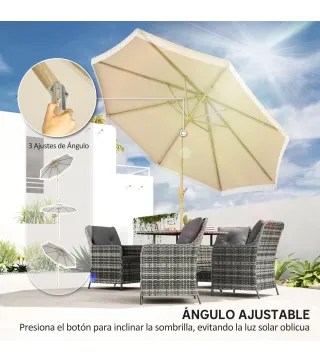 Sombrilla de Jardín Ø265x244 cm con Manivela Manual Ángulo Ajustable y Flecos de Estilo Boho para Terraza Piscina Crema