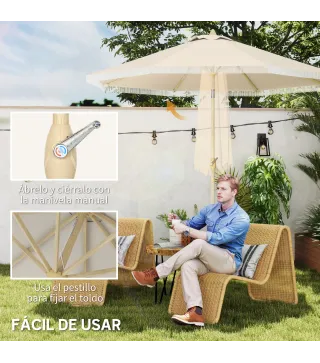 Sombrilla de Jardín Ø265x244 cm con Manivela Manual Ángulo Ajustable y Flecos de Estilo Boho para Terraza Piscina Crema