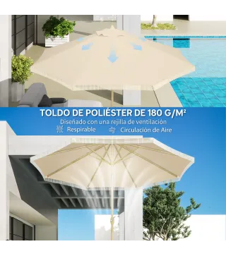 Sombrilla de Jardín Ø265x244 cm con Manivela Manual Ángulo Ajustable y Flecos de Estilo Boho para Terraza Piscina Crema