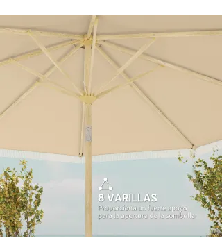 Sombrilla de Jardín Ø265x244 cm con Manivela Manual Ángulo Ajustable y Flecos de Estilo Boho para Terraza Piscina Crema