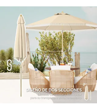 Sombrilla de Jardín Ø265x244 cm con Manivela Manual Ángulo Ajustable y Flecos de Estilo Boho para Terraza Piscina Crema