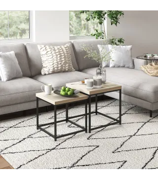 Juego de 2 Mesas de Centro Mesa Nido Moderna Mesitas Auxiliares Patas de Acero para Salón Dormitorio Oficina Roble