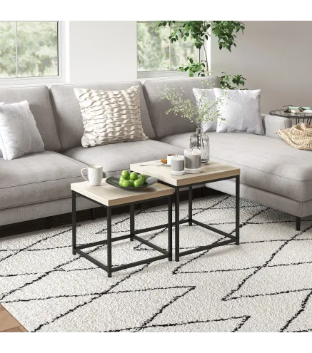 Juego de 2 Mesas de Centro Mesa Nido Moderna Mesitas Auxiliares Patas de Acero para Salón Dormitorio Oficina Roble