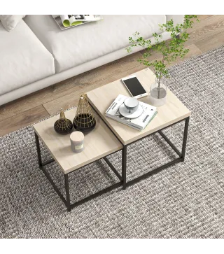 Juego de 2 Mesas de Centro Mesa Nido Moderna Mesitas Auxiliares Patas de Acero para Salón Dormitorio Oficina Roble