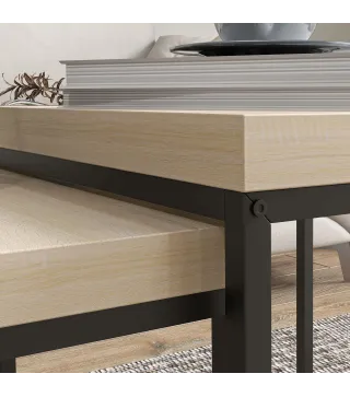 Juego de 2 Mesas de Centro Mesa Nido Moderna Mesitas Auxiliares Patas de Acero para Salón Dormitorio Oficina Roble