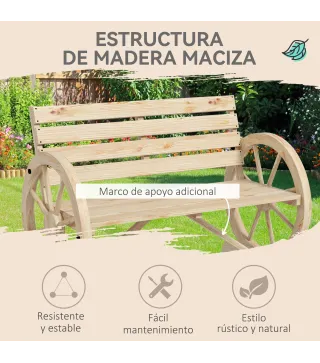 Banco de Jardín de Madera con Reposabrazos en Forma de Rueda para 2 Personas 105,5x56x79 cm Madera Natural